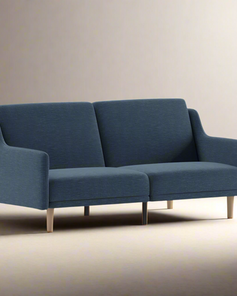 Split Back Sofa Futon - Navy Faux Linen Upholstery