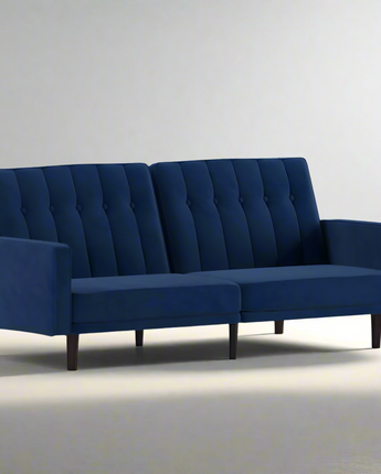 Sofa Futon in Navy Velvet Upholstery with Solid Wooden Legs