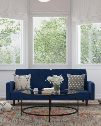 Sofa Futon in Navy Velvet Upholstery with Solid Wooden Legs