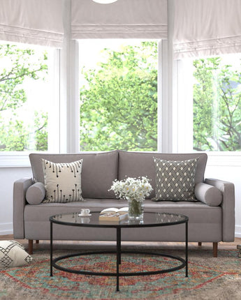 Sofa with Tufted Faux Linen Upholstery, Solid Wood Legs in Slate Gray