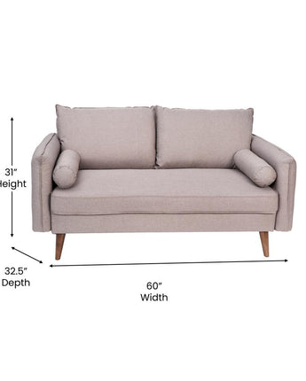 Loveseat Sofa with Faux Linen Fabric Upholstery, Solid Wood Legs in Taupe