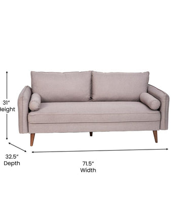 Mid-Century Sofa with Faux Linen Fabric Upholstery & Solid Wood Legs in Taupe