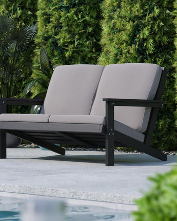 Adirondack Style Deep Seat Patio Loveseat with Cushions, Black/Charcoal