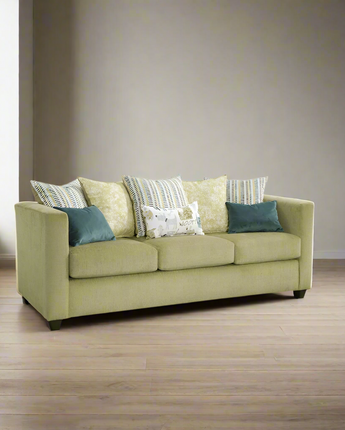 Urban Square Arm Green Sofa with Eight Throw Pillows