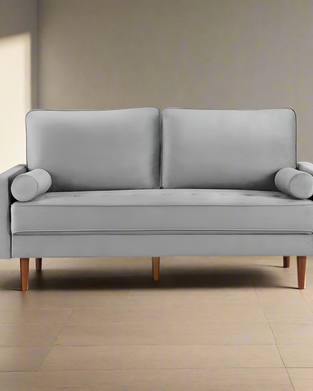 69 Inch Wide Upholstered Two Cushion Sofa with Bolster Pillows in Grey Velvet