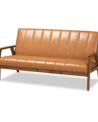 Leather Upholstered and Walnut Brown finished Wood Sofa