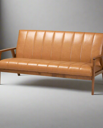 Leather Upholstered and Walnut Brown finished Wood Sofa