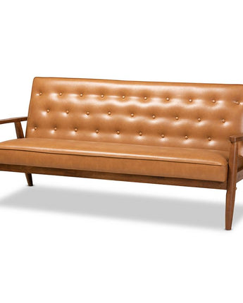 Leather Upholstered and Walnut Brown Finished Wood Sofa