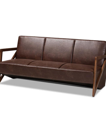 Leather Effect Fabric Upholstered and Walnut Brown Finished Wood Sofa