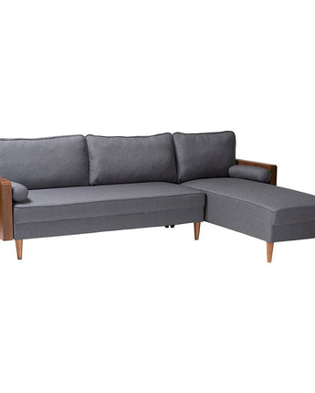 Mid-Century Modern Grey Fabric and Walnut Brown Wood Right Facing Sectional Sofa