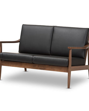 Venza Mid-Century Modern Walnut Wood Black Faux Leather 2-Seater Loveseat