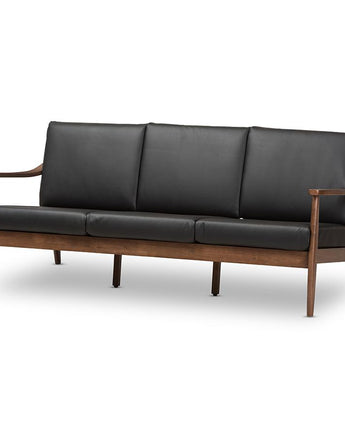 Venza Mid-Century Modern Walnut Wood Black Faux Leather 3-Seater Sofa