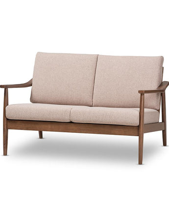 Walnut Wood Light Brown Fabric Upholstered 2-Seater Loveseat