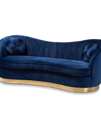 Nevena Glam Royal Blue Velvet Fabric Upholstered Gold-Finished Sofa