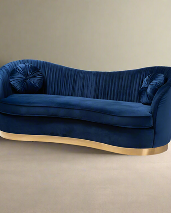 Nevena Glam Royal Blue Velvet Fabric Upholstered Gold-Finished Sofa