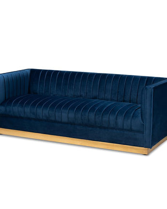 Luxe Navy Blue Velvet Fabric Upholstered Brushed Gold Finished Sofa