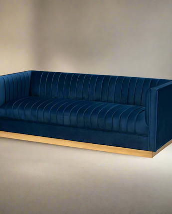 Luxe Navy Blue Velvet Fabric Upholstered Brushed Gold Finished Sofa