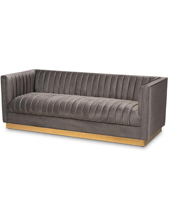 Aveline Glam and Luxe Grey Velvet Fabric Upholstered Brushed Gold Finished Sofa