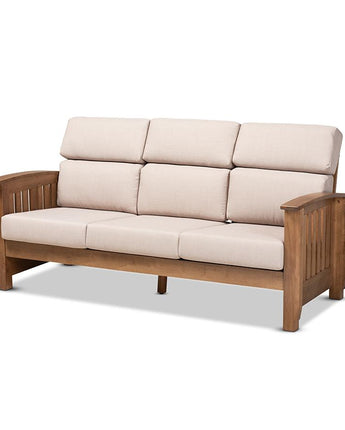 Taupe Fabric Upholstered Walnut Brown Finished Wood 3-Seater Sofa