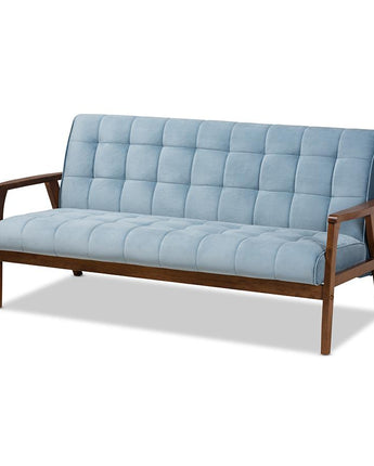 Light Blue Velvet Fabric Upholstered Walnut Finished Wood Sofa