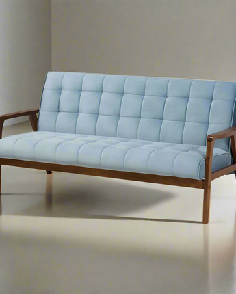 Light Blue Velvet Fabric Upholstered Walnut Finished Wood Sofa