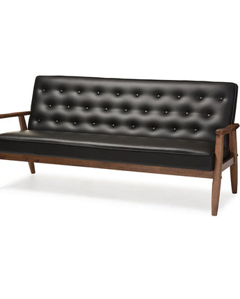 Mid-century Retro Modern Black Faux Leather Upholstered Wooden 3-seater Sofa