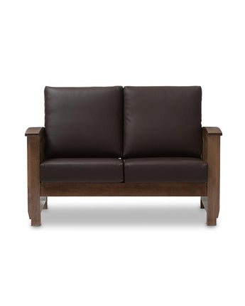 Walnut Brown Wood and Dark Brown Faux Leather 2-Seater Loveseat