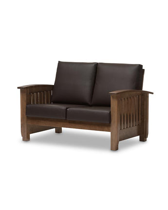 Walnut Brown Wood and Dark Brown Faux Leather 2-Seater Loveseat