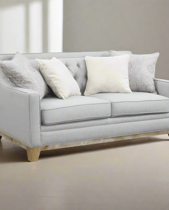 Loveseat with Button Tufting, Track Arms, And Weathered Wood Base