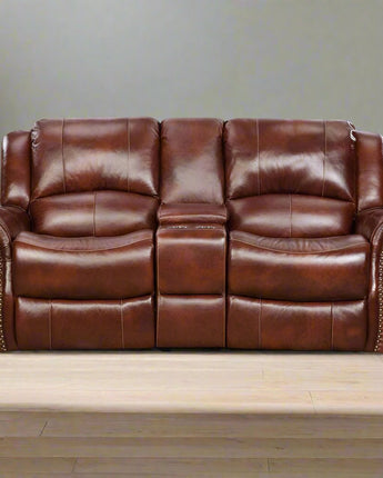 Telluride 100% Leather Double Reclining Console Loveseat