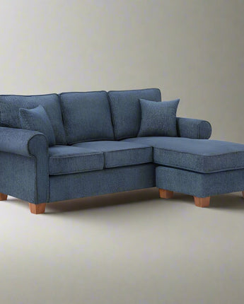 Rylee Rolled Arm Sectional in Navy Fabric with Pillows and Coffee Legs, RLE55-B83