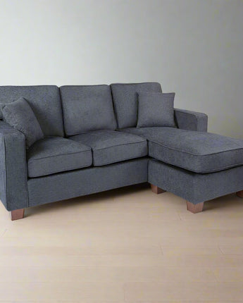 Russell Sectional in Navy fabric with 2 Pillows and Coffee Finished Legs, RSL55-N17