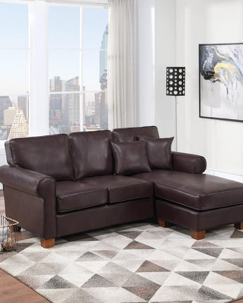 Rylee Rolled Arm Sectional in Cocoa Faux Leather with Pillows and Coffee Legs, RLE55-PD24