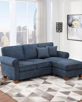 Rylee Rolled Arm Sectional in Navy Fabric with Pillows and Coffee Legs, RLE55-B83