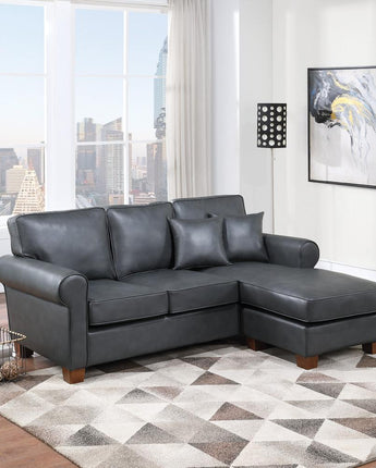 Rylee Rolled Arm Sectional in Pewter Faux Leather with Pillows and Coffee Legs, RLE55-PD26