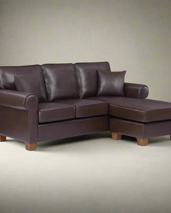 Rylee Rolled Arm Sectional in Cocoa Faux Leather with Pillows and Coffee Legs, RLE55-PD24