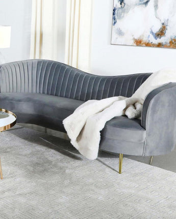 Sophia Upholstered Sofa with Camel Back Grey and Gold