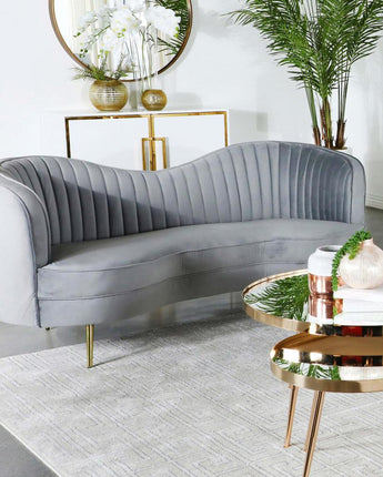 Sophia Upholstered Loveseat with Camel Back Grey and Gold