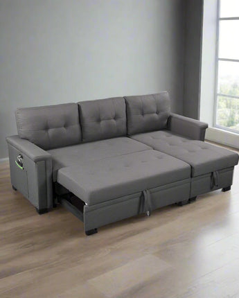 Ashlyn Dark Gray Reversible Sleeper Sectional Sofa with Storage Chaise, USB Charging Ports and Pocket