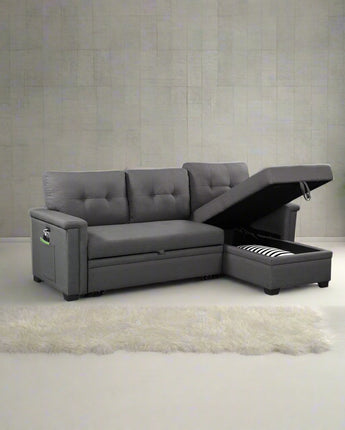 Ashlyn Dark Gray Reversible Sleeper Sectional Sofa with Storage Chaise, USB Charging Ports and Pocket