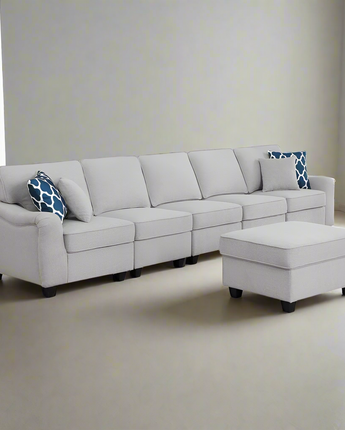 Leo Light Gray Linen 6 Seater Sofa and Ottoman