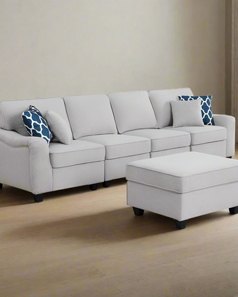 Leo Light Gray Linen 5 Seater Sofa and Ottoman