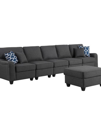 Leo Dark Gray Linen 6 Seater Sofa and Ottoman