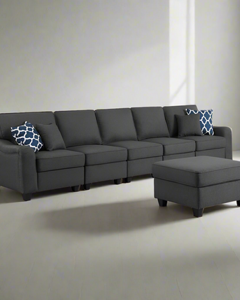 Leo Dark Gray Linen 6 Seater Sofa and Ottoman