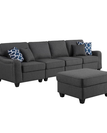 Leo Dark Gray Linen 5 Seater Sofa and Ottoman