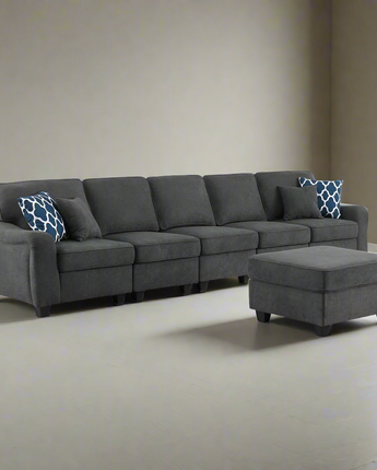 Leo Dark Gray Woven 6 Seater Sofa and Ottoman