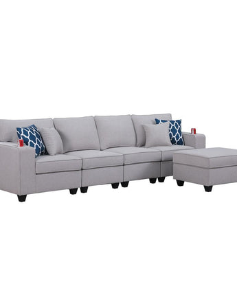 Cooper Light Gray Linen 4-Seater Sofa with Ottoman and Cupholder