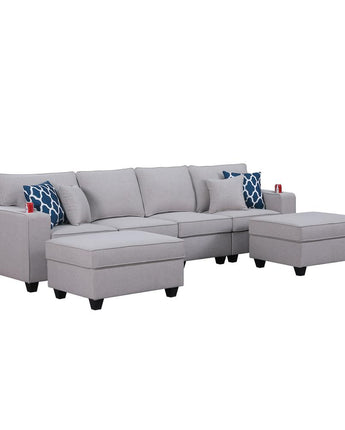 Cooper Light Gray Linen 4-Seater Sofa with 2 Ottomans and Cupholder