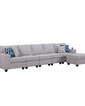 Cooper Light Gray Linen 5-Seater Sofa with Ottoman and Cupholder