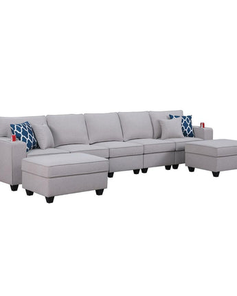 Cooper Light Gray Linen 5-Seater Sofa with 2 Ottomans and Cupholder